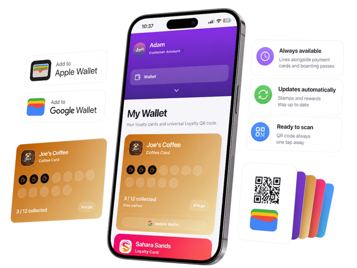Customer using a loyalty card stored in Apple Wallet on their smartphone.