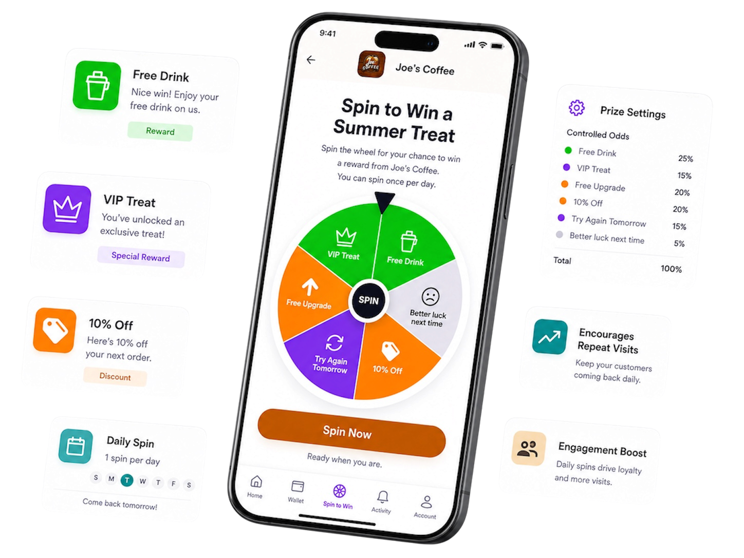 Customer spinning a digital prize wheel on their phone while visiting a coffee shop.